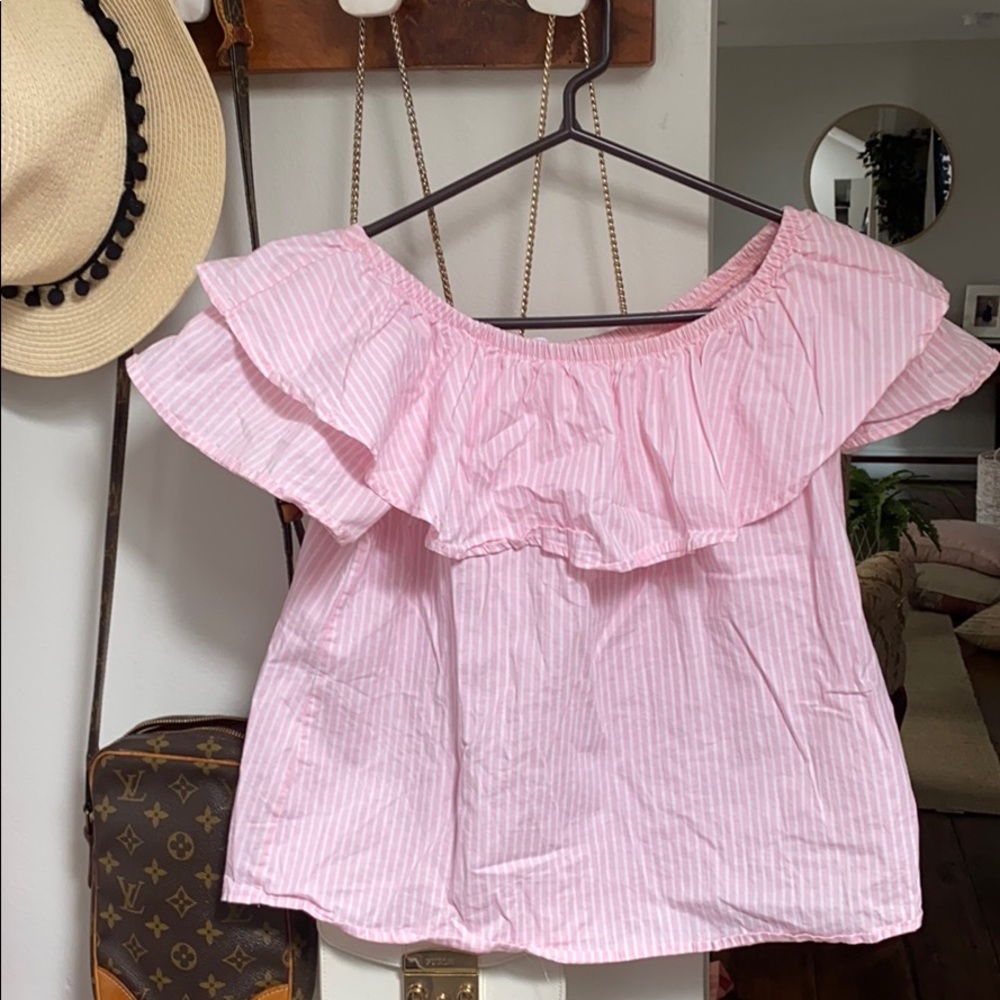 Off the shoulder pink and white striped top!